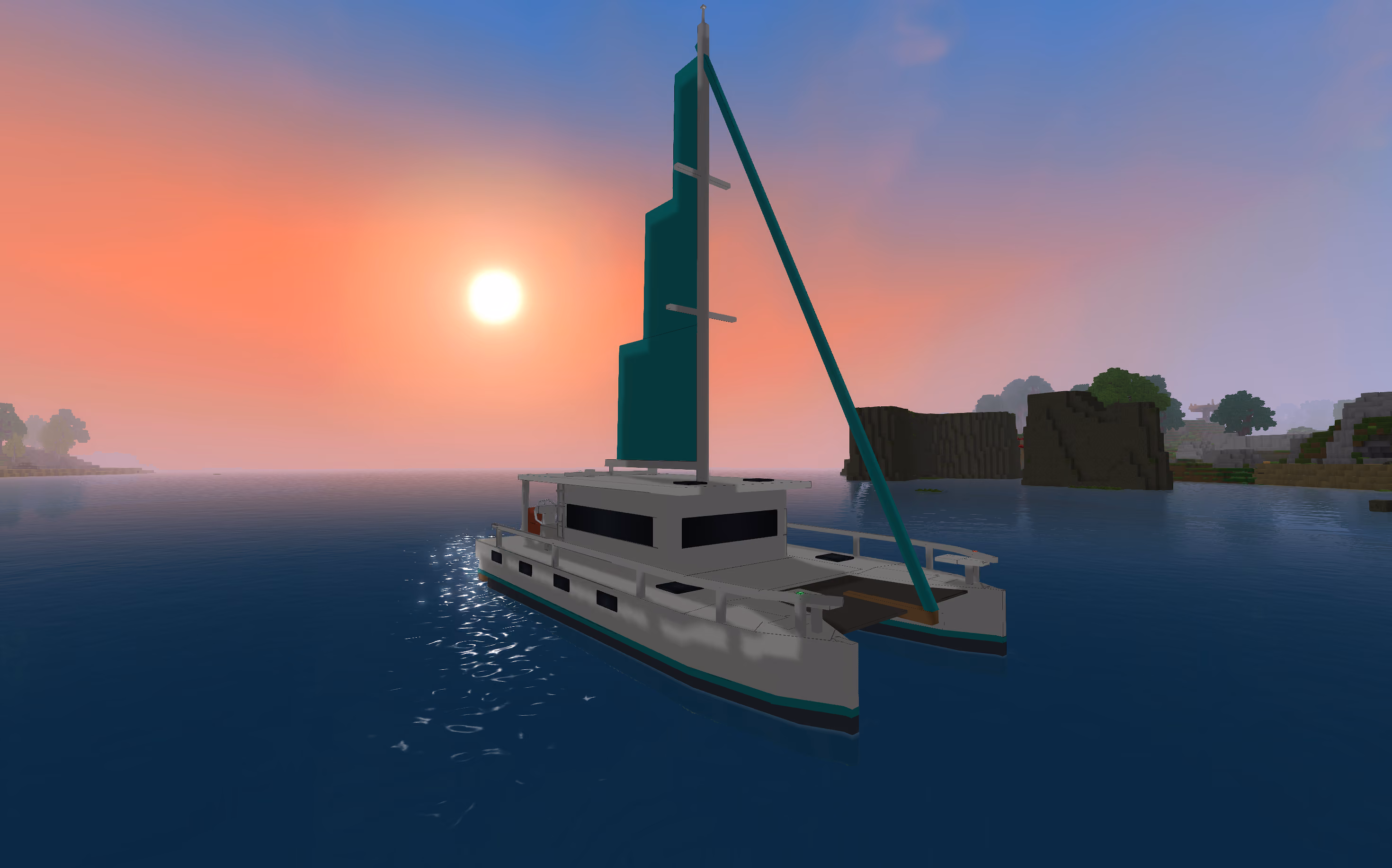 The catamaran at anchor at sunset